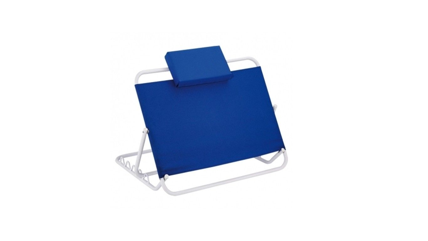 Blauw verstelbaar kussen met wit frame en hoofdsteun. Voor gehandicapten, senioren en zorgbehoevenden.