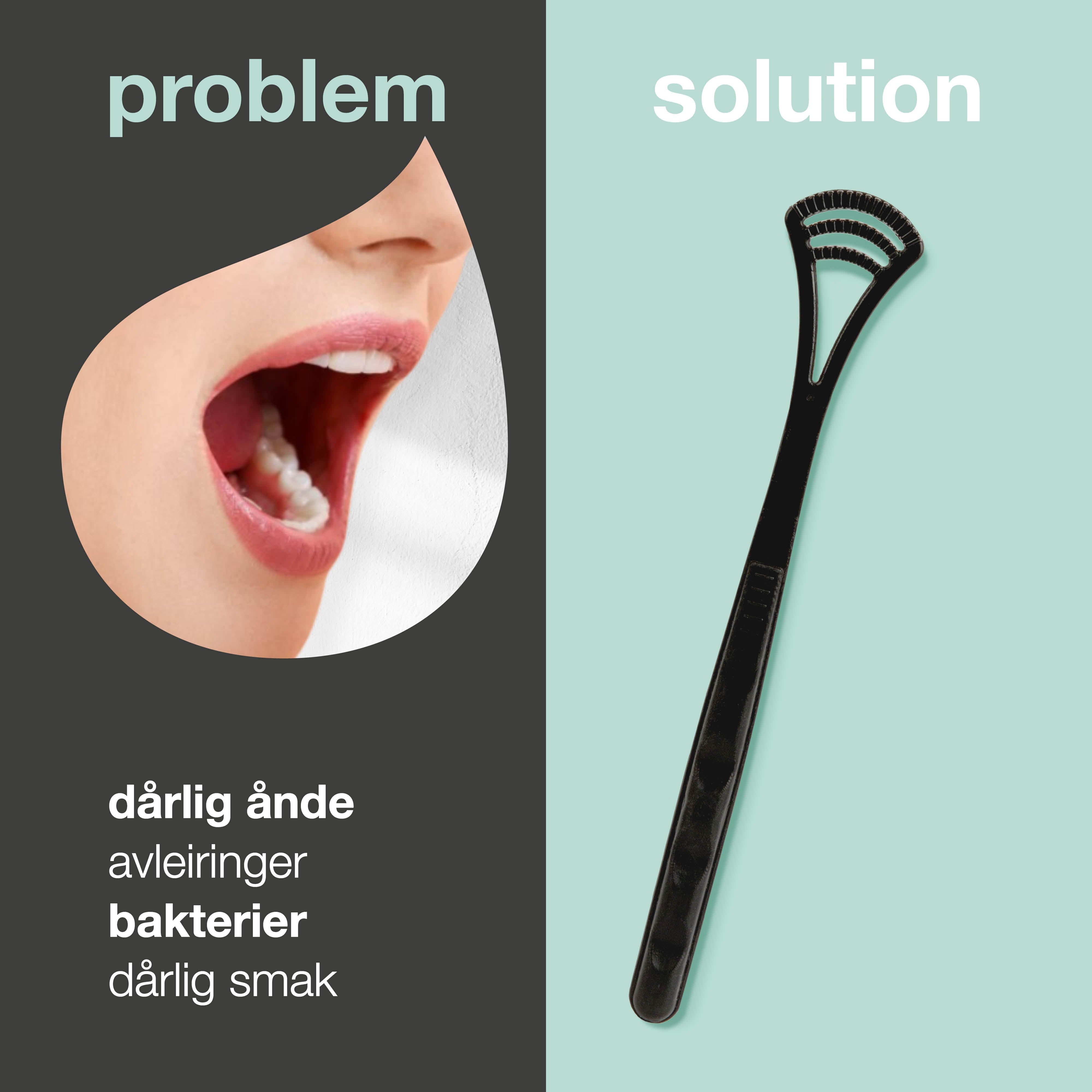 Tongschraper naast mond. Tekst: probleem, slechte adem, afzettingen, bacteriën, slechte smaak. Oplossing.