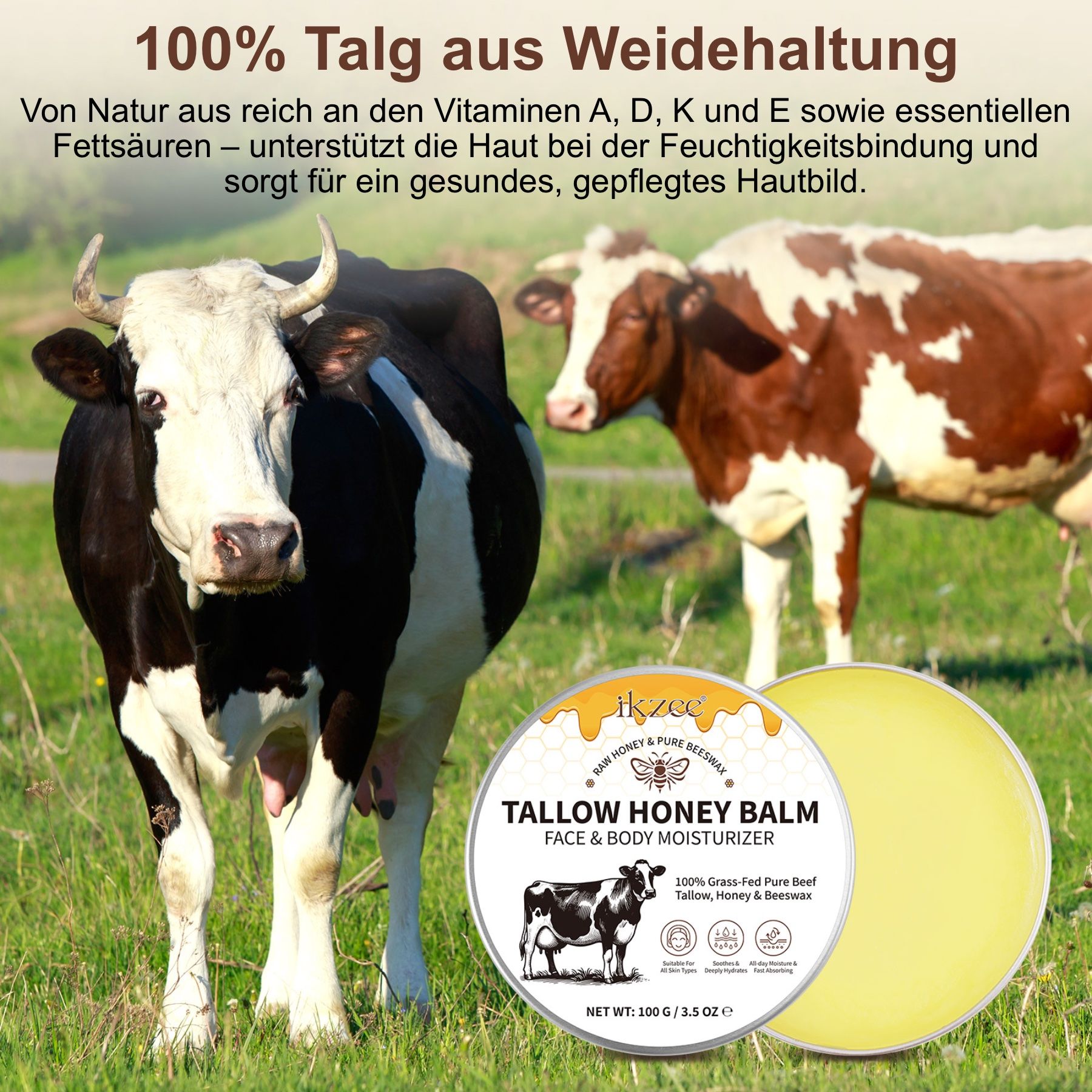 Deux vaches dans un pré. À côté, pot de crème. Texte: Tallow Honey Balm, Face & Body Moisturizer.