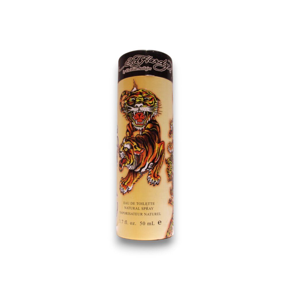 Ed Hardy Eau de Toilette Spray, emballage cylindrique avec motif de tigre.