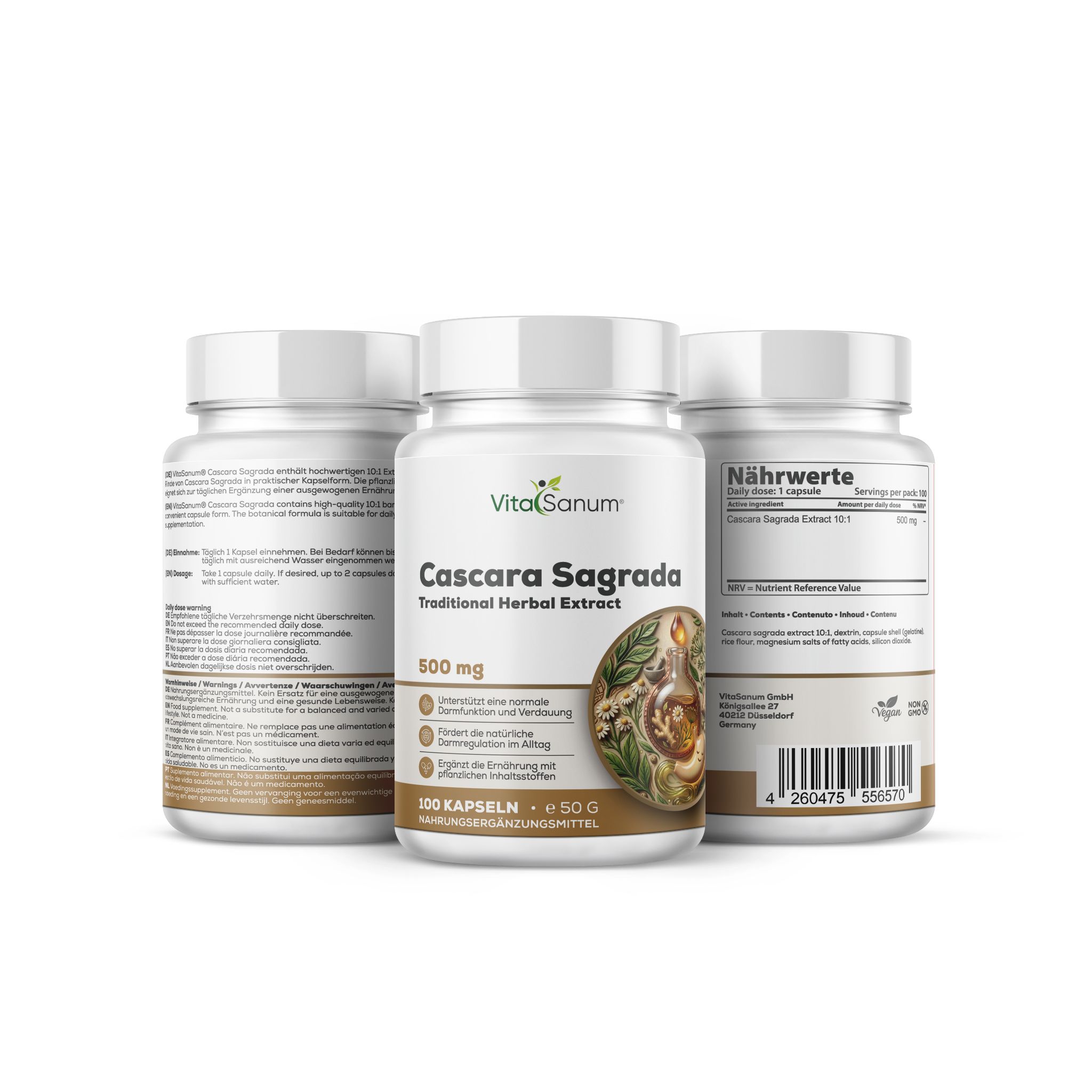 Trois flacons blancs de capsules, un devant avec étiquette VitaSanum® Cascara Sagrada, deux derrière.