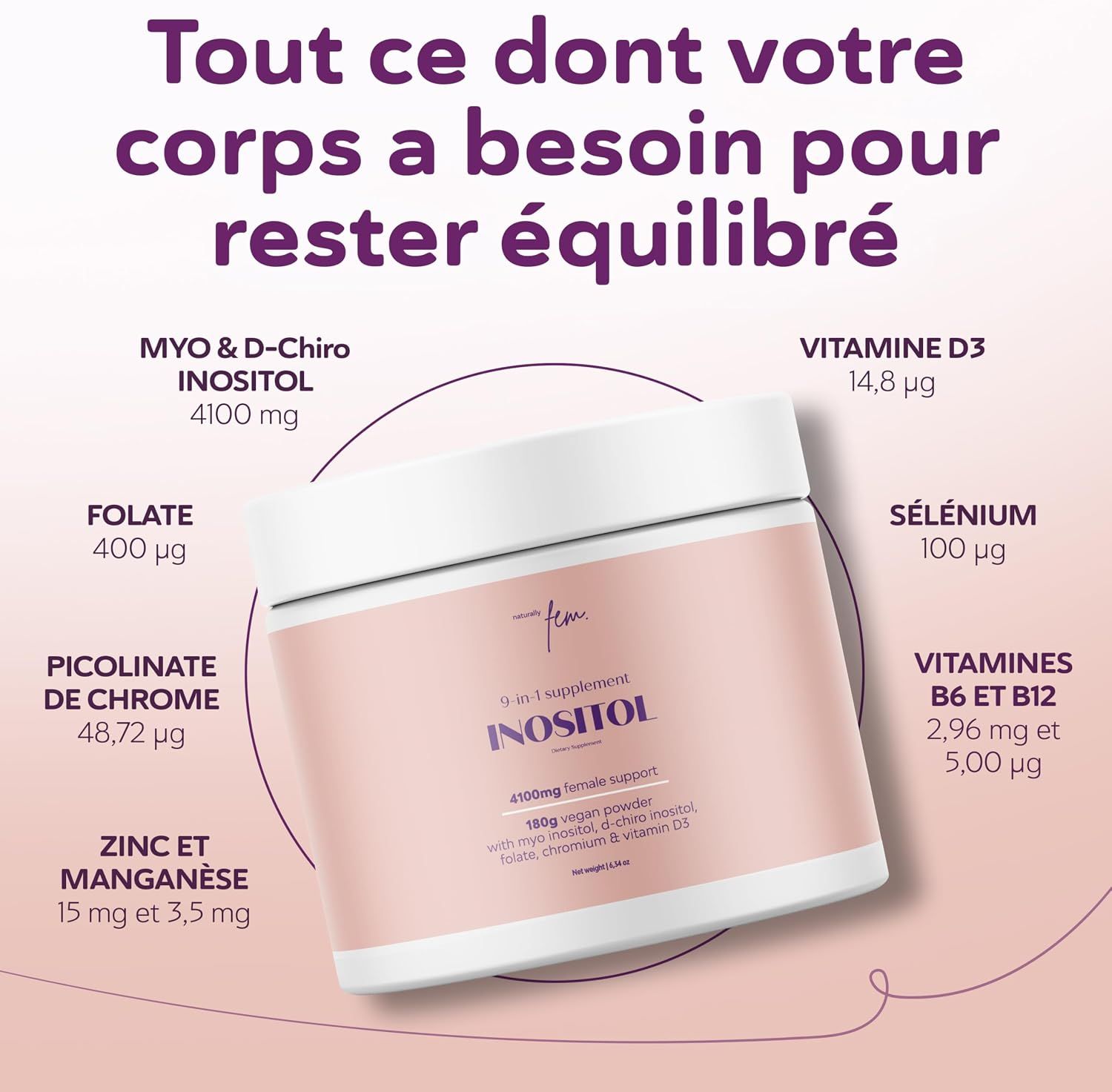 Un pot de poudre d'inositol, 150g, vegan, pour femmes.