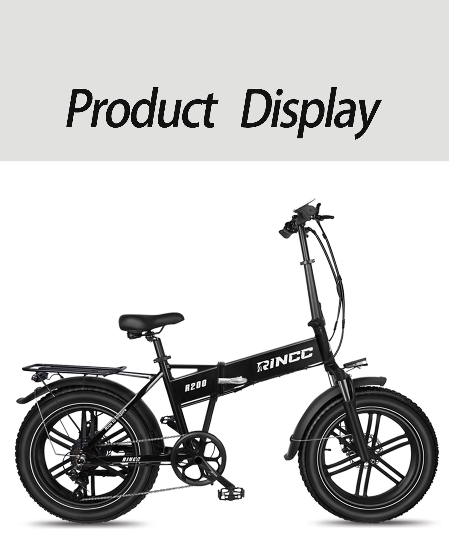 Vélo électrique pliable noir. Porte-bagages, garde-boue, selle, pneus. Texte "R200" et "RINCC".