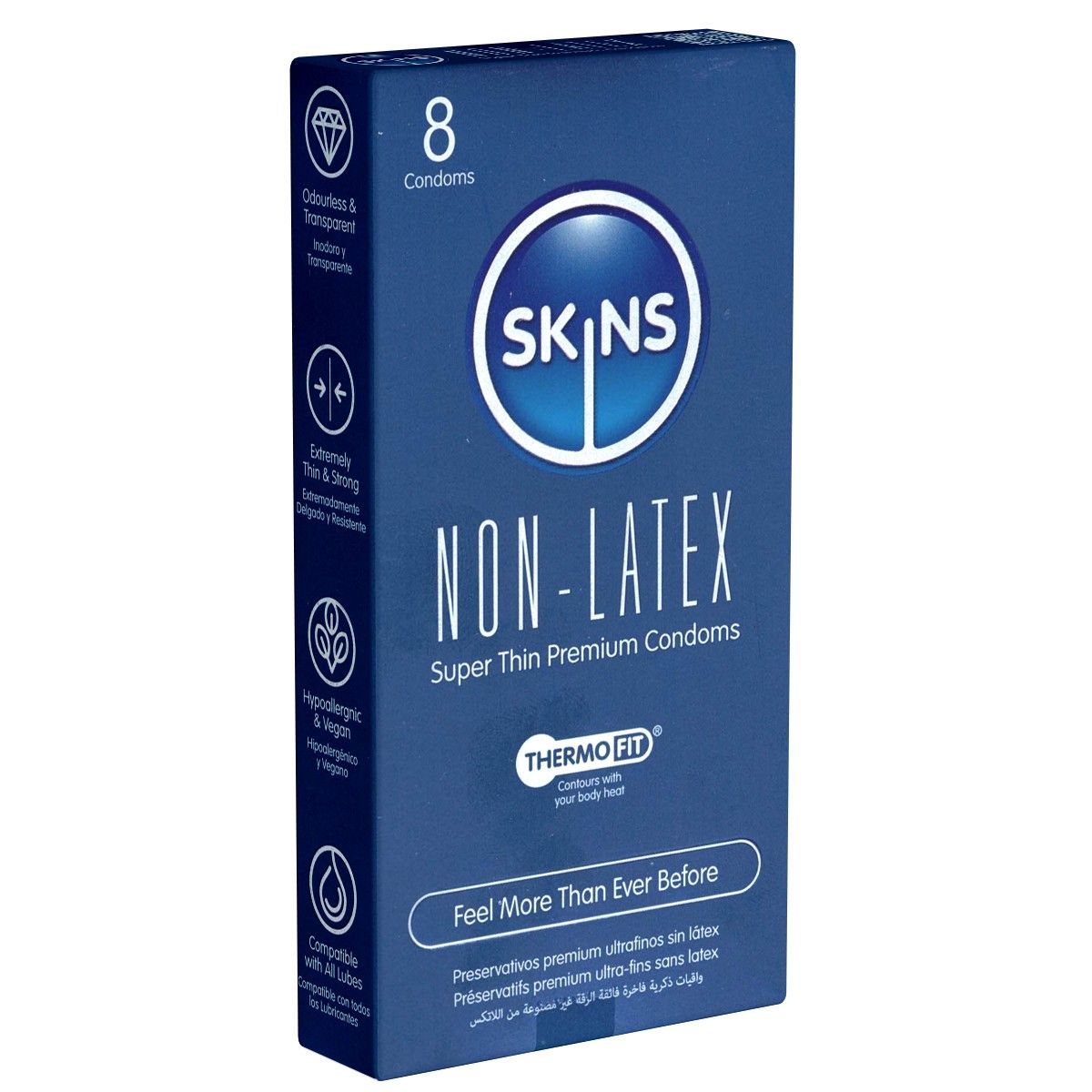 Blauwe doos met "SKINS Non-Latex" condooms. Bevat 8 stuks. Tekst: "Super Thin Premium Condoms".