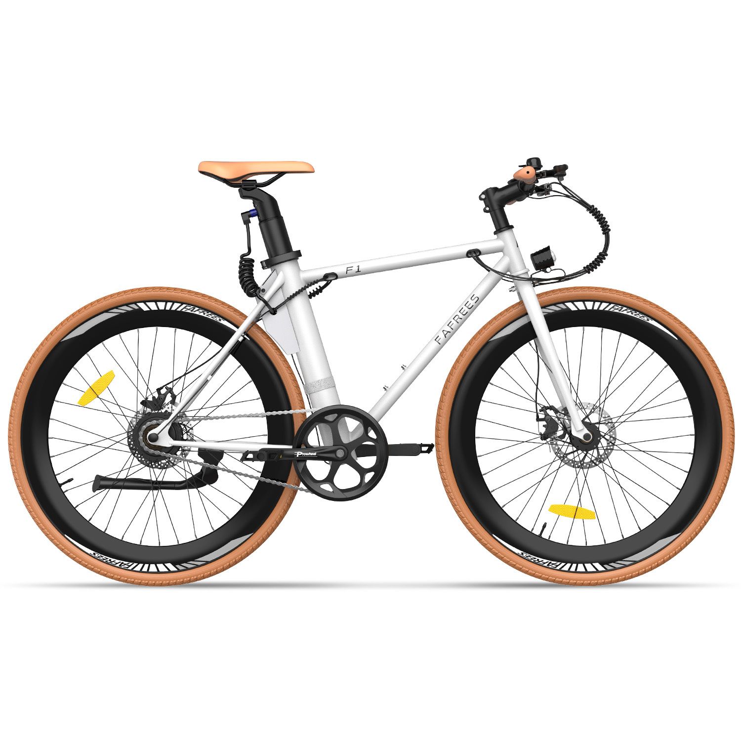 Vélo électrique Fafrees F1 blanc, pneus marron, selle marron. Guidon et selle en cuir. Le vélo est équipé d'un moteur électrique.
