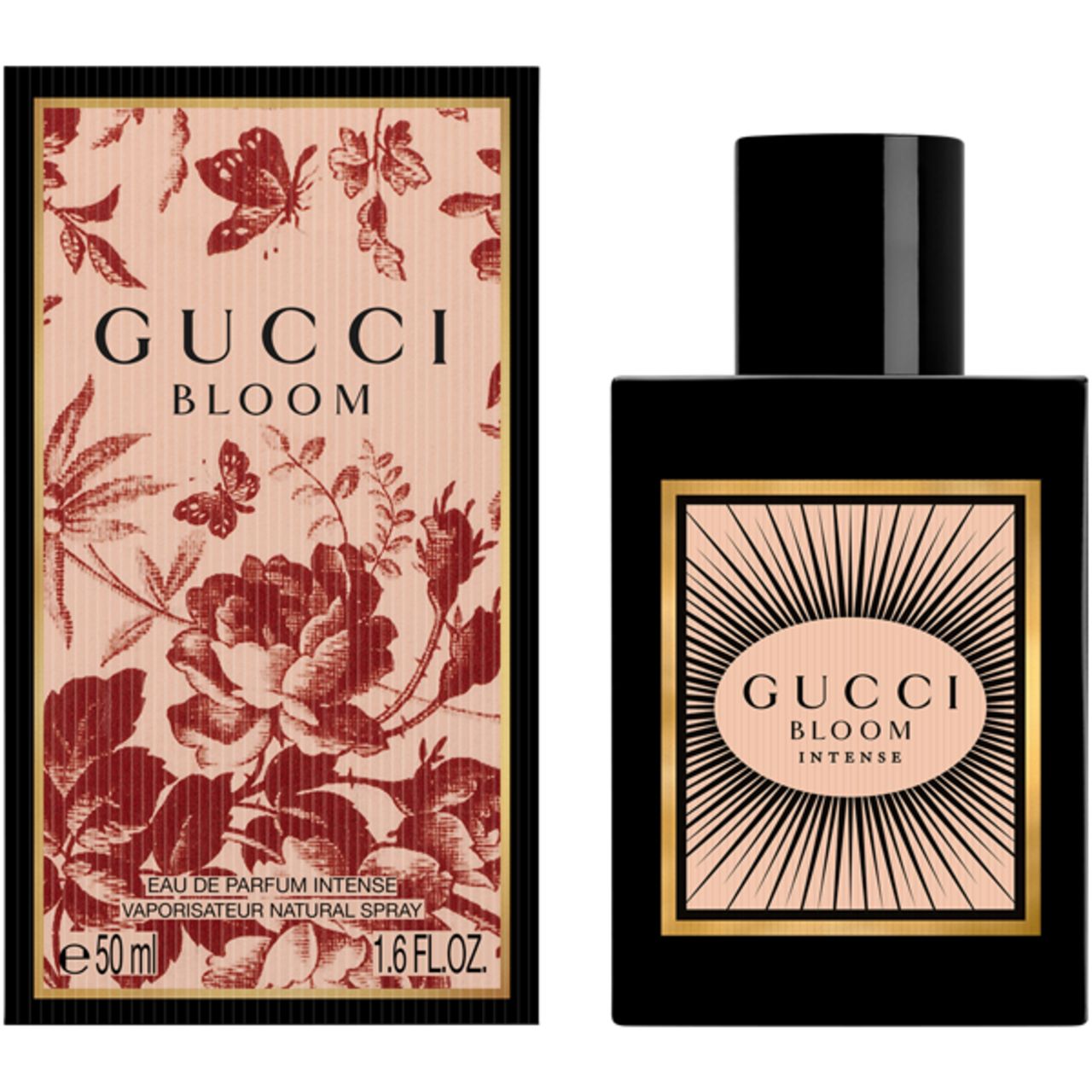 Zwarte fles en verpakking. Opschrift Gucci Bloom Intense. Verpakking met bloemenpatroon en tekst.