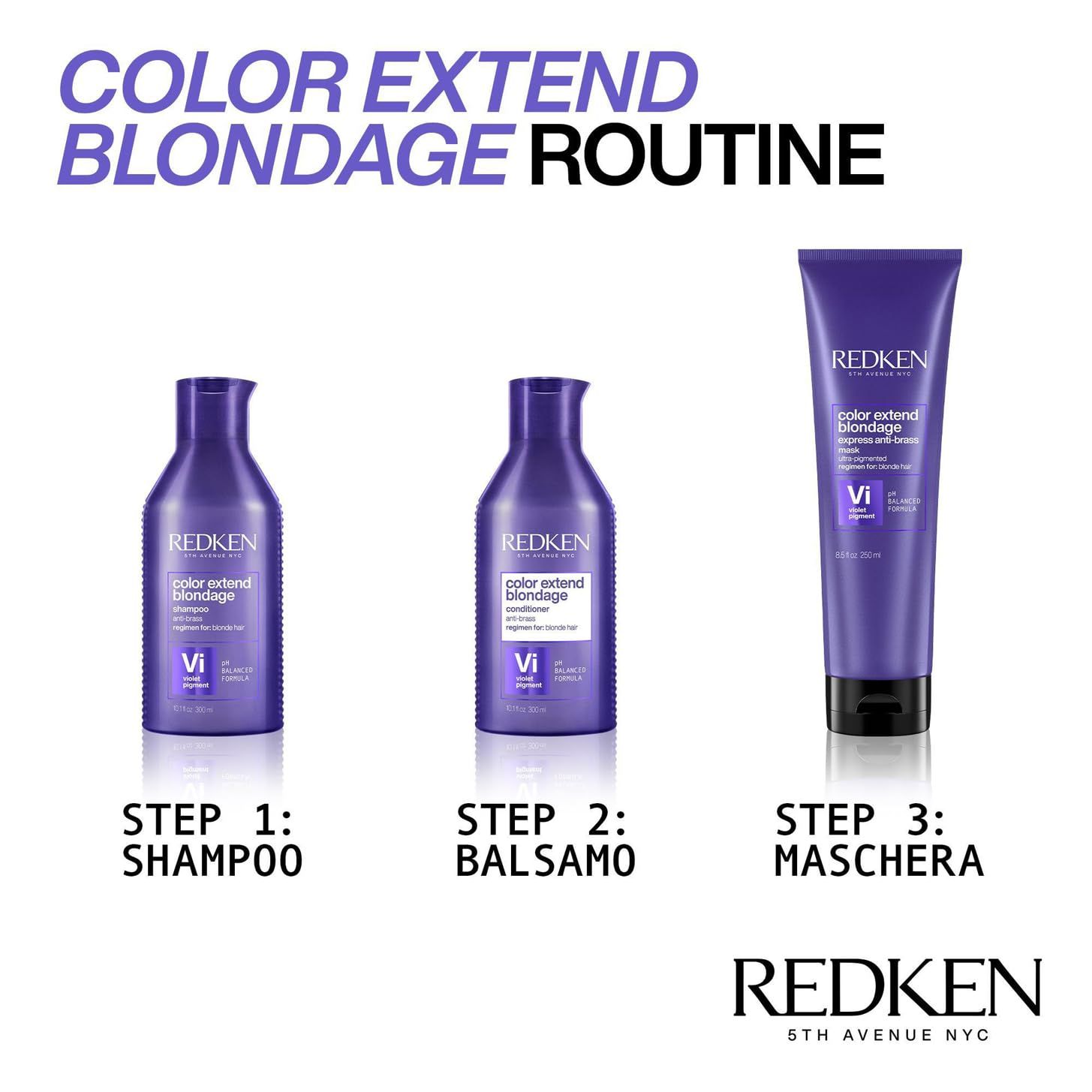 Drie producten: shampoo, conditioner en masker. Allemaal paars, met Redken logo. Label: Color Extend Blondage.