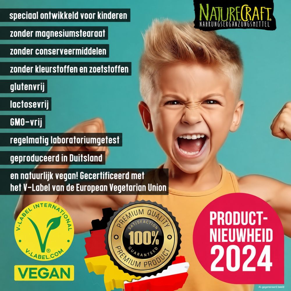 Achterkant verpakking: dosering, ingrediëntenlijst, voedingswaarden en fabrikantinformatie voor Vitamine D3+K2 druppels.
