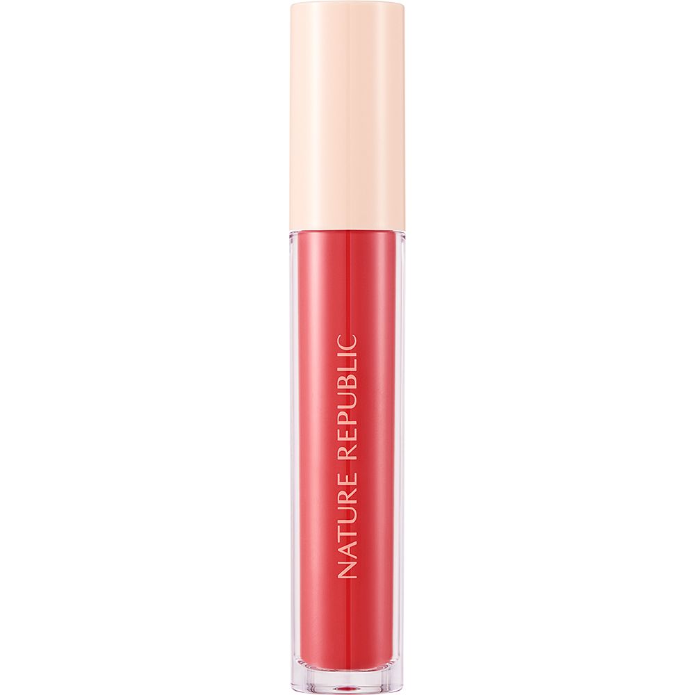 Tube de gloss rose avec bouchon crème. NATURE REPUBLIC est écrit sur le tube.