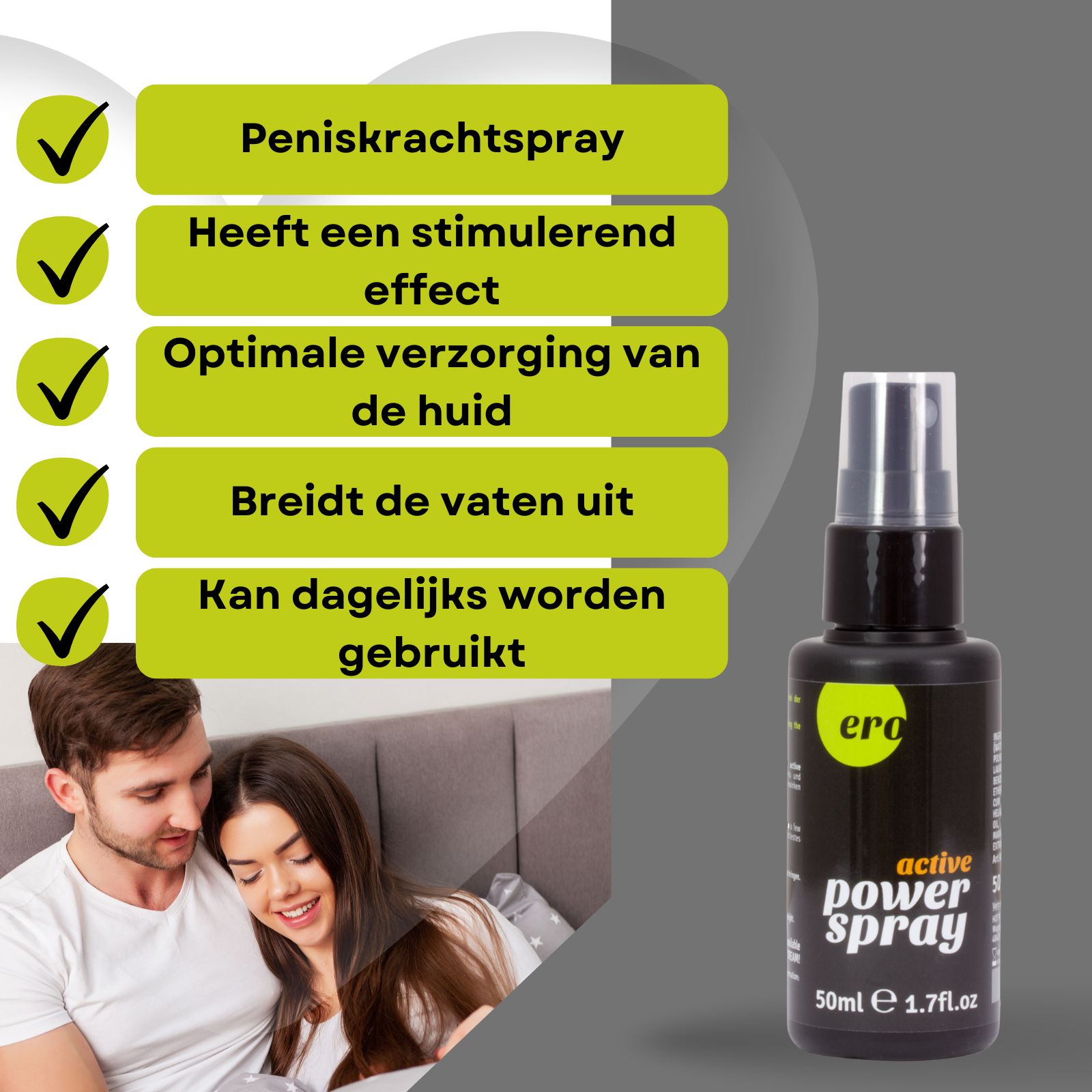 Productfles en verpakking. Koppel in bed. Tekst: Peniskrachtspray, stimuleert, etc.