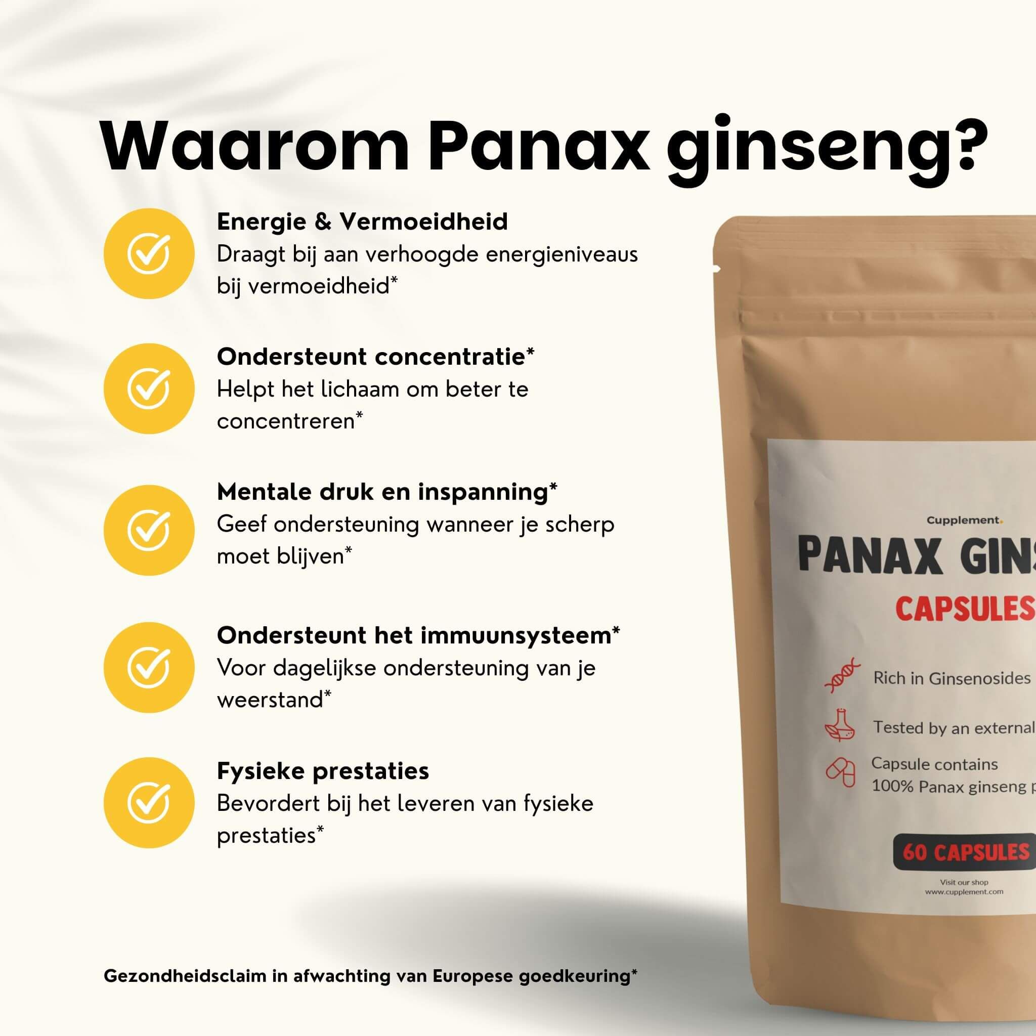 Bruine zak met tekst PANAX GINSENG CAPSULES. Bevat 60 capsules. Tekst: Ondersteunt de concentratie.