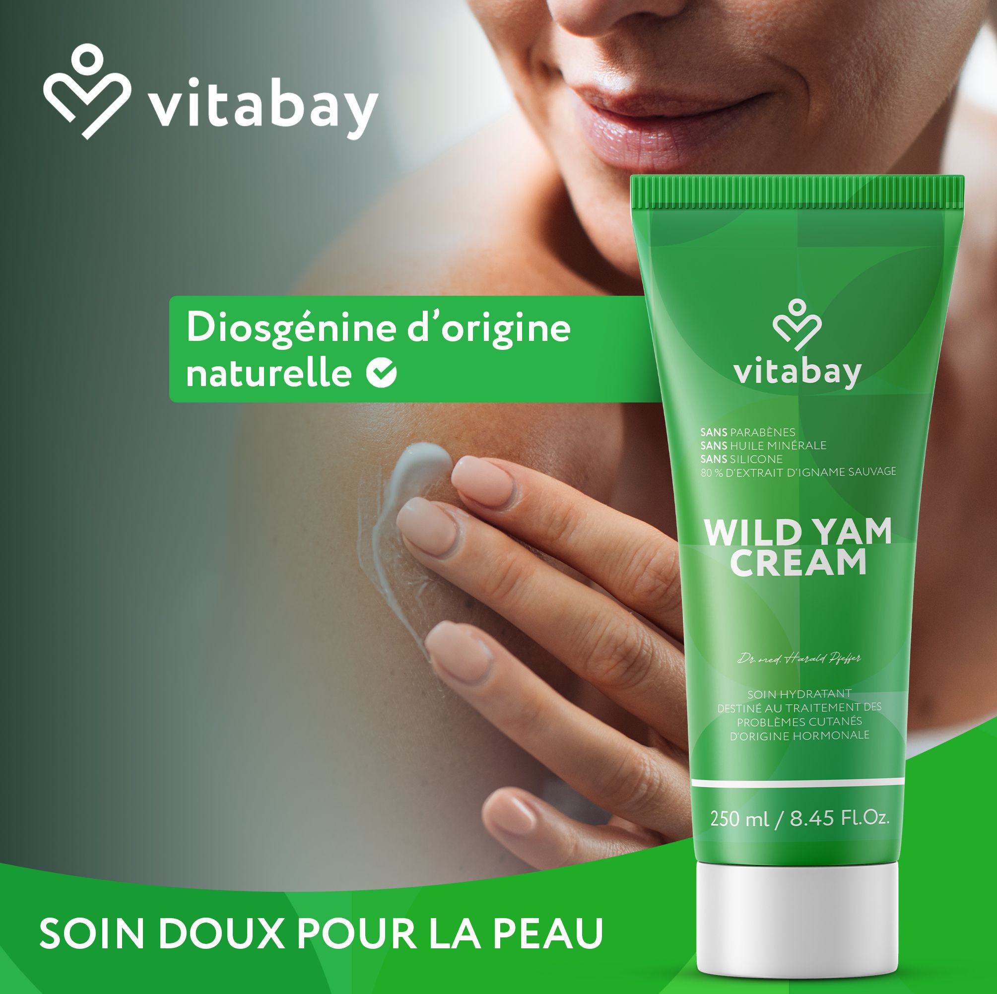 Tube Vitabay Wild Yam Cream sur peau avec soin doux. Diosgénine d'origine naturelle.