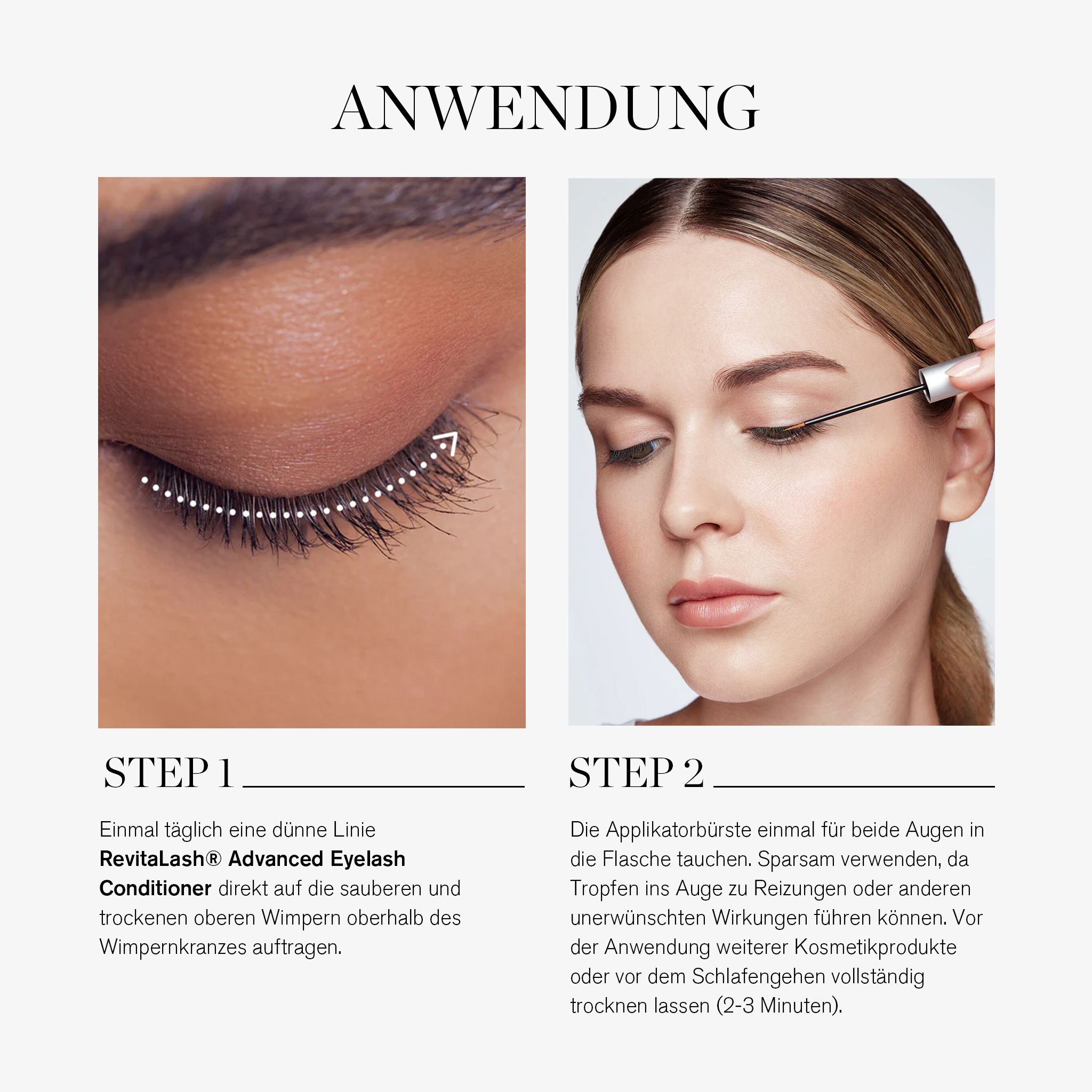 Toepassingsstappen voor RevitaLash Advanced. Vrouw brengt het product aan. Tekst en pijlen tonen de toepassing.