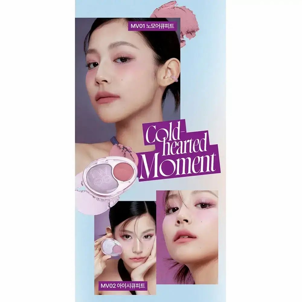 Advertentie voor FWEE Mellow Dual Blusher. Model met blush. Productafbeelding. Tekst: Cold hearted Moment, MV01, MV02.