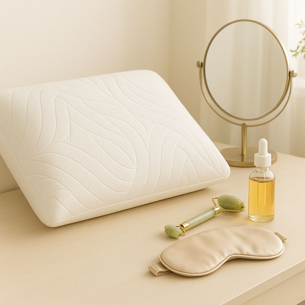 Coussin beige avec motif ondulé. Sur table : miroir, flacon d'huile, rouleau de jade, masque de sommeil.