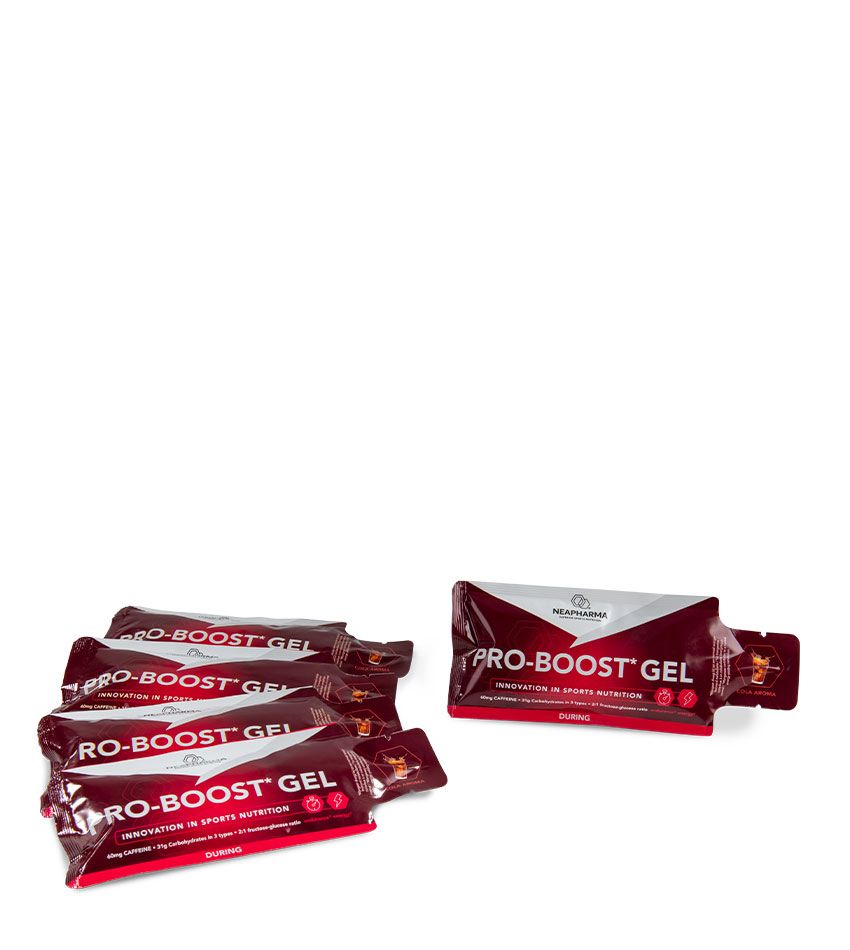 Plusieurs sachets de gel Pro-Boost rouges. Inscription : Pro-Boost Gel, logo Neapharma. Un sachet séparé.
