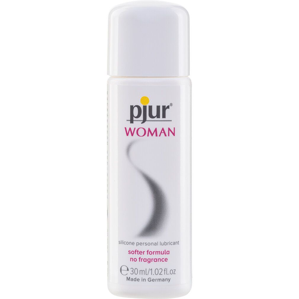 Witte fles met geel logo en tekst WOMAN. Tekst: silicone personal lubricant, softer formula no fragrance, e 30ml/1.02 fl.oz.