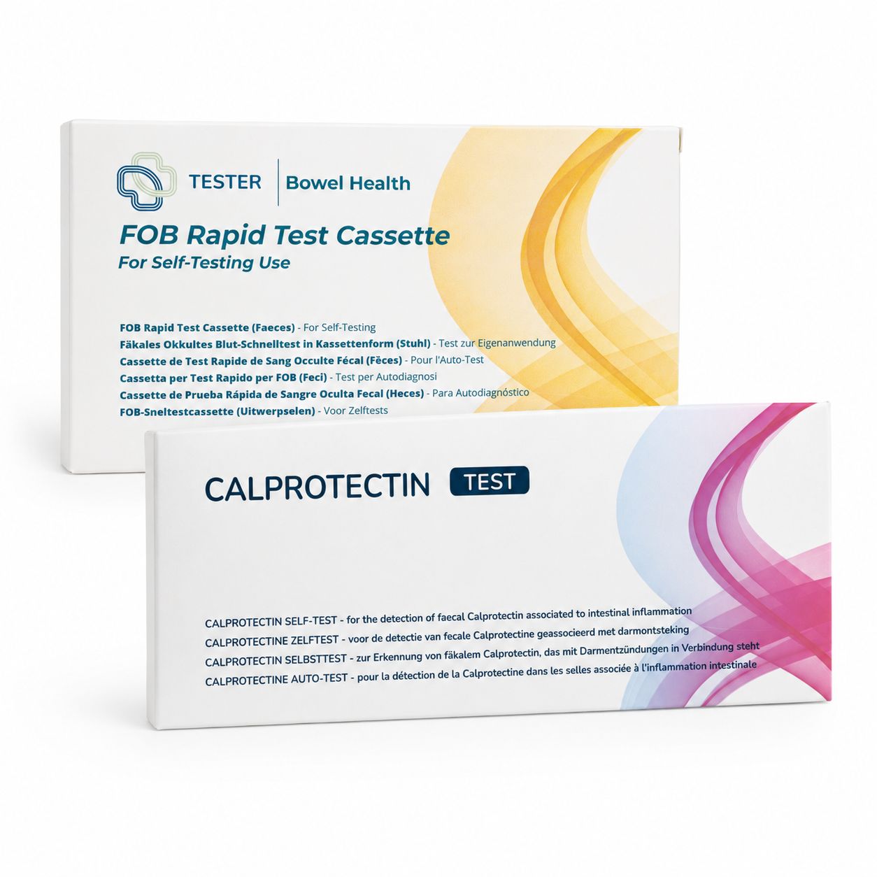 Twee zelftests voor darmgezondheid: FOB Rapid Test Cassette en Calprotectin Test.