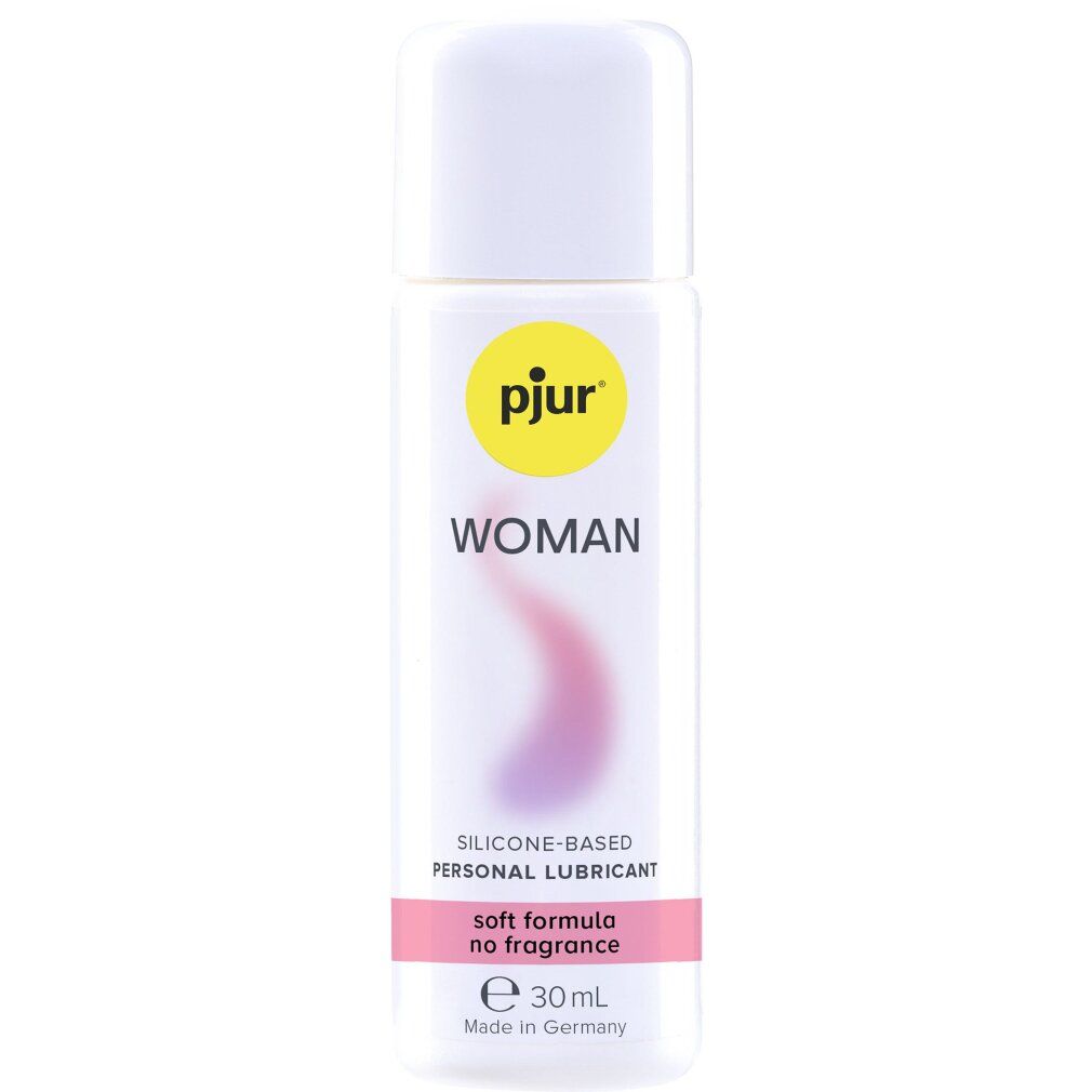 Witte fles met dop. Opschrift: pjur WOMAN, met een roze design. Tekst: silicone-based personal lubricant, soft formula no fragrance. 30ml.