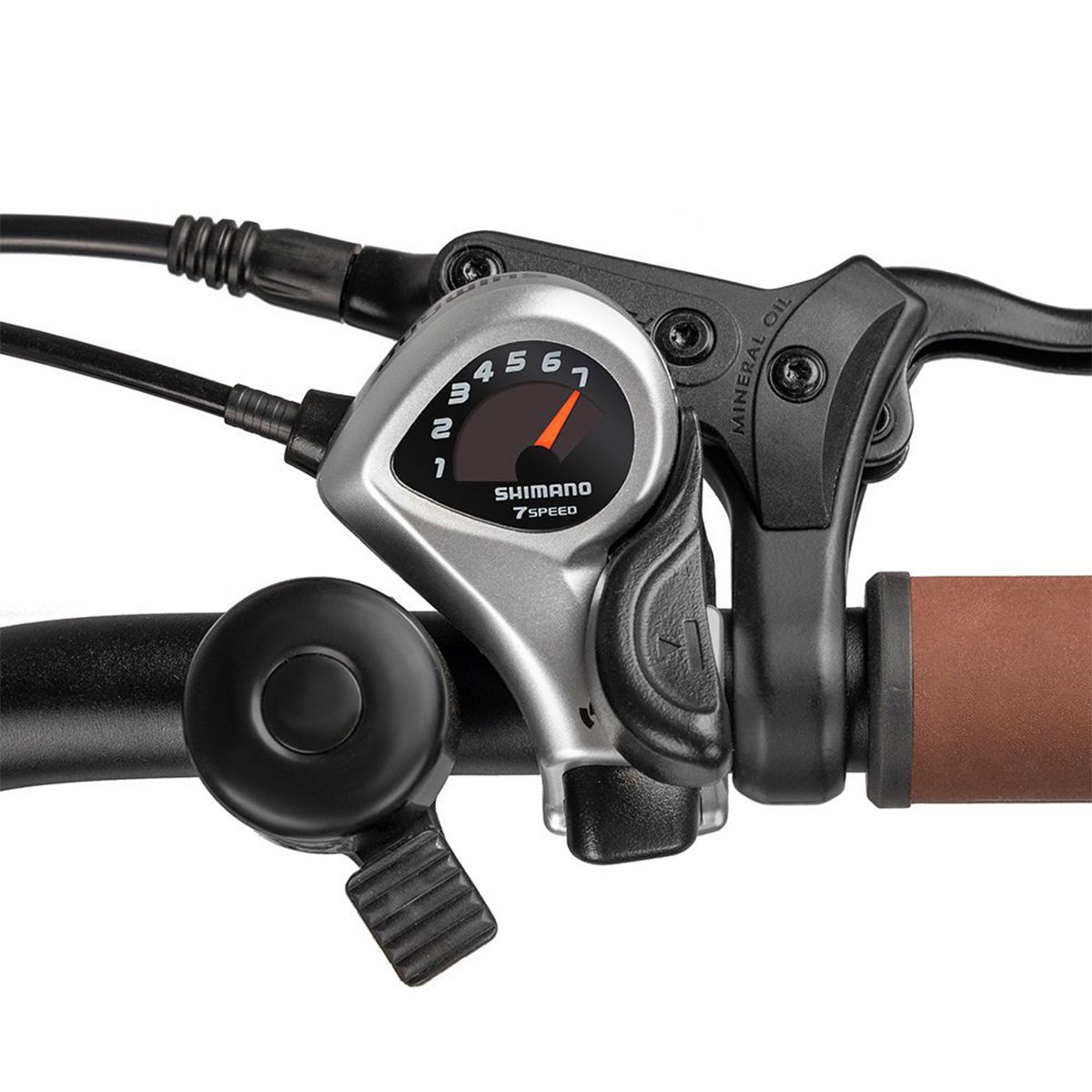 Gros plan sur le levier de vitesses d'un vélo électrique. Shimano 7 vitesses. Détails noirs.