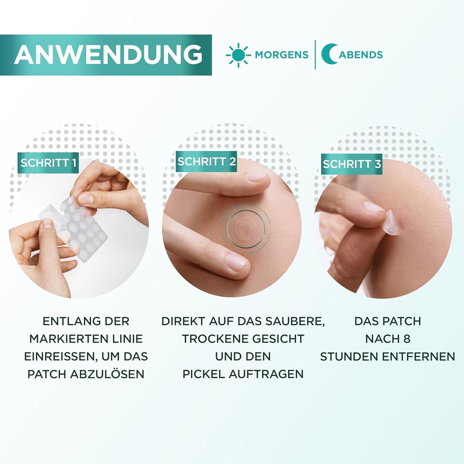 Étapes d'utilisation. 1: Détacher le patch. 2: Appliquer sur peau propre. 3: Retirer après 8 heures.