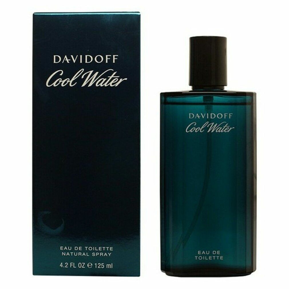 Flacon et emballage Davidoff Cool Water Eau de Toilette. Verre bleu, bouchon noir. Emballage avec logo et texte.