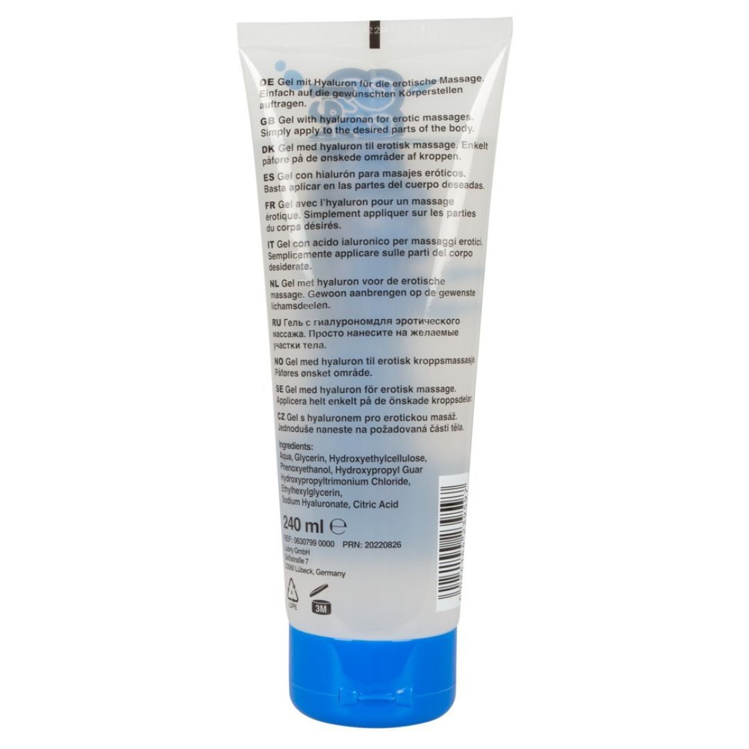 Tube de gel avec bouchon bleu. Texte multilingue. Ingrédients et indication de volume.