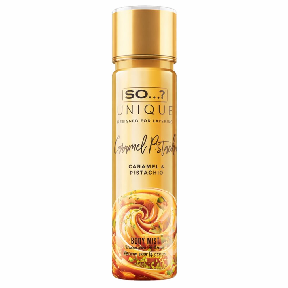 Lichaamsmistfles met gouden dop. Opschrift: So Unique, Caramel & Pistachio. Design met karamel en pistachenoten.