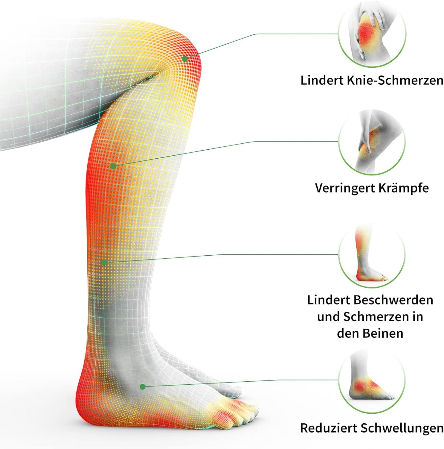 Graphique : Jambe avec points de douleur, montrant le soulagement des douleurs au genou, à la jambe et au pied.