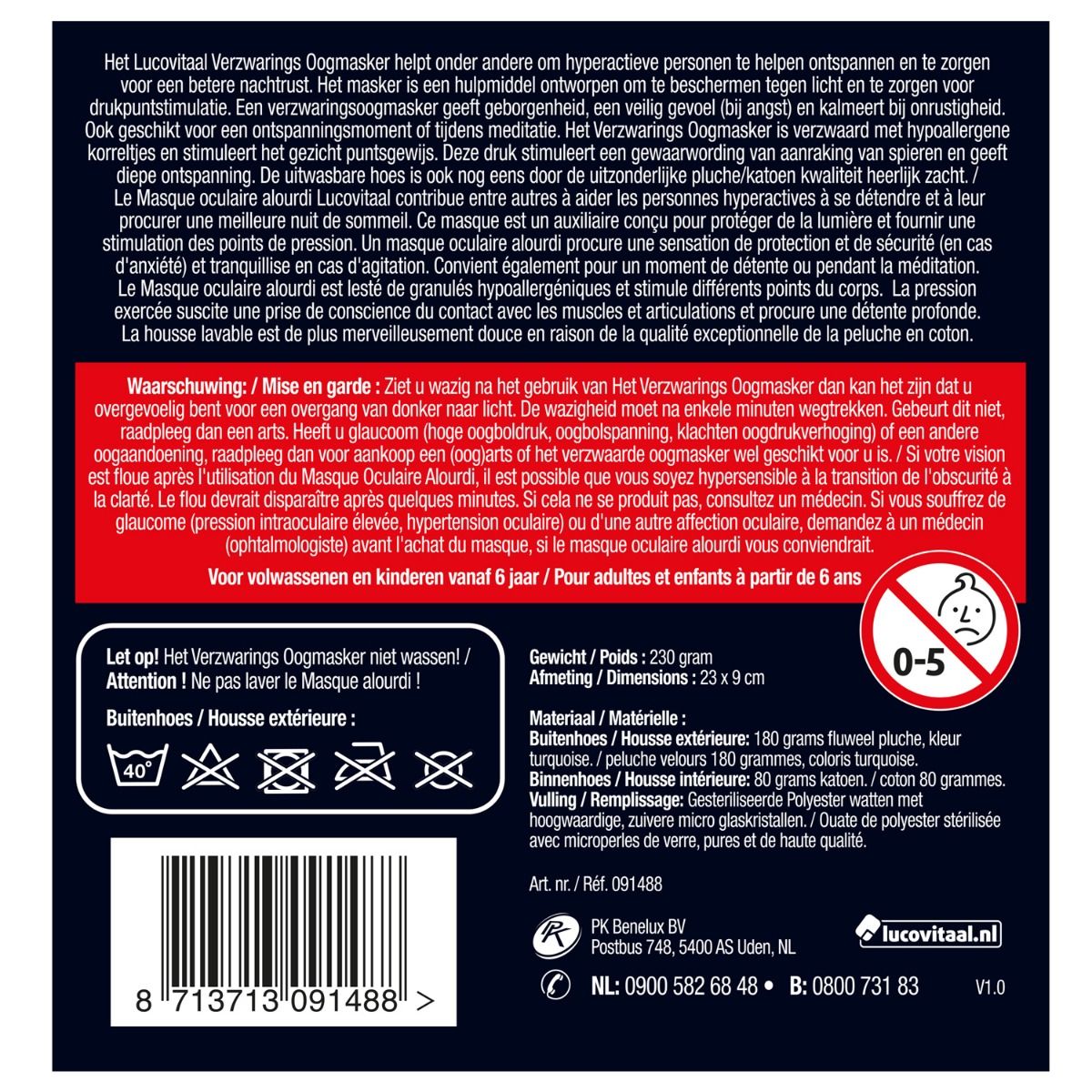 Dos de l'emballage du Verzwaringsoogmasker. Texte en néerlandais, informations sur le poids, le matériau et le fabricant. Symboles de lavage.