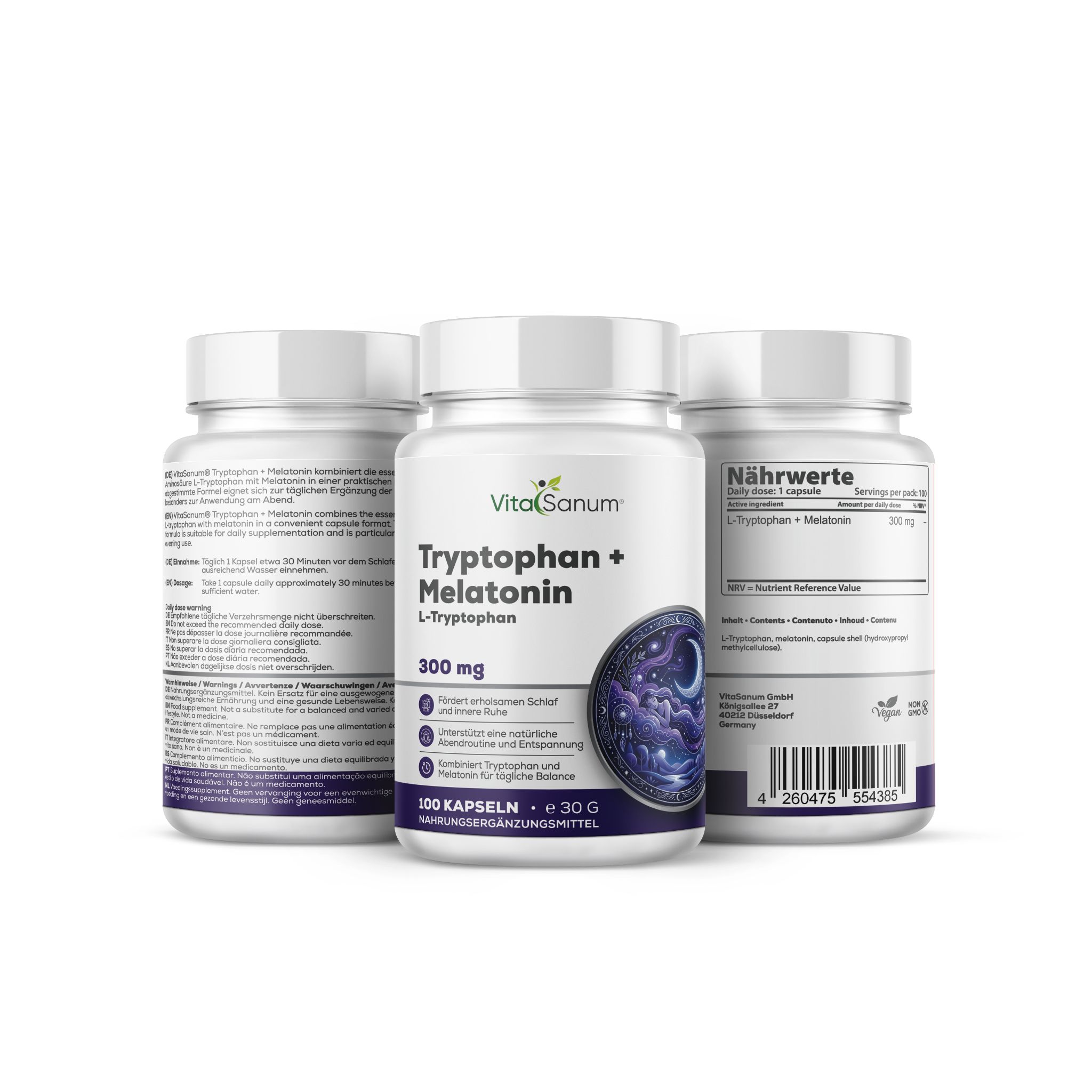 VitaSanum L-Tryptofaan + Melatonine capsules: Drie potjes met 100 capsules, elk 300 mg L-Tryptofaan en 1 mg Melatonine. Voedingswaarde-informatie zichtbaar.