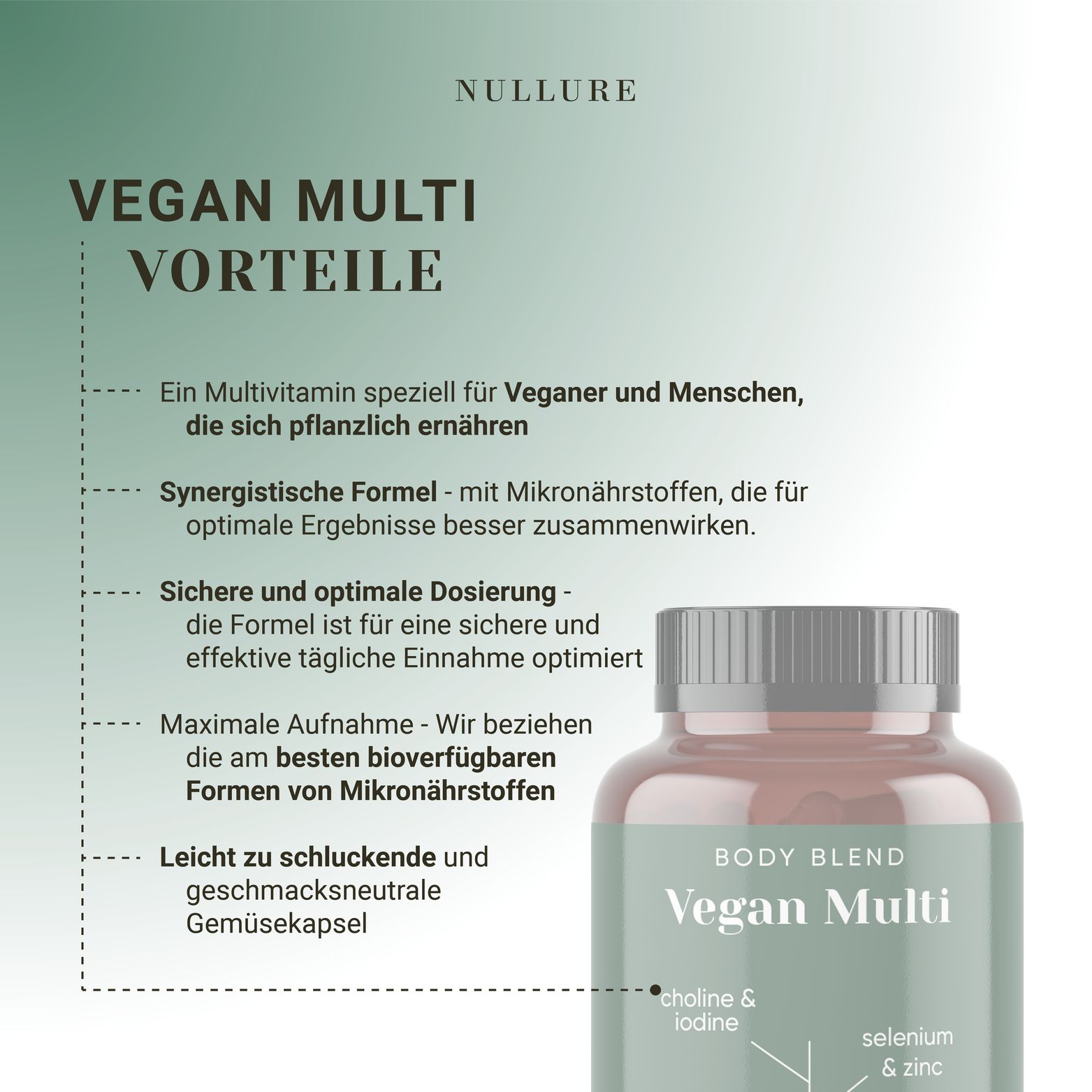 Groene fles met capsules. Tekst: Vegan Multi, voordelen. Bevat choline, jodium, vitamine B12, vitamine D3, selenium en zink.