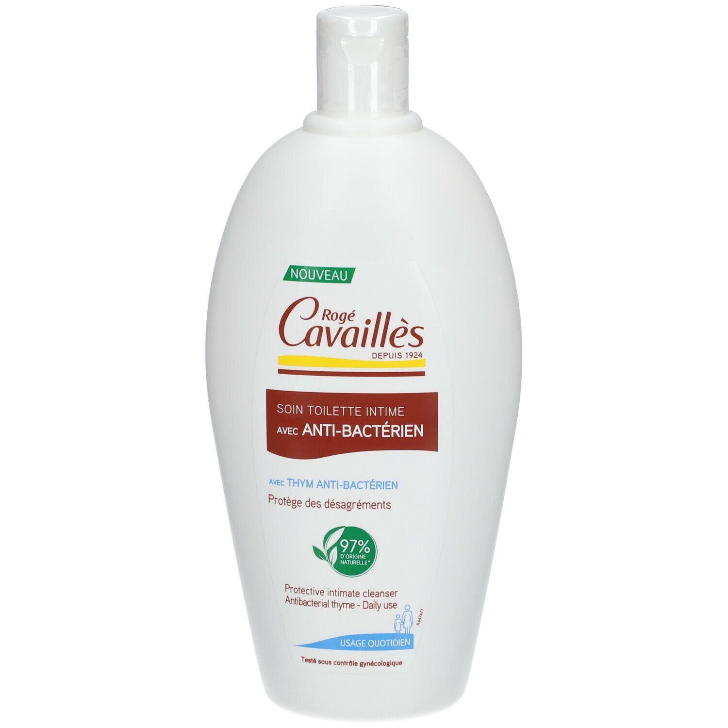 Witte fles met klapdeksel. Opschrift: Rogé Cavaillès, intieme waslotion met antibacterieel. Groen-wit bladlogo.