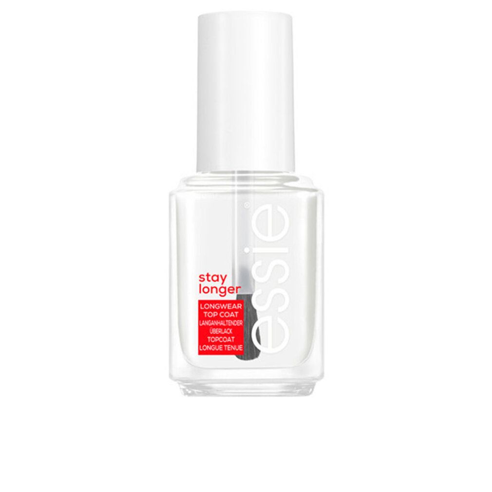 Transparante nagellakfles met witte dop en borstel. Rode sticker met tekst: stay longer, Top Coat. Merk: essie.