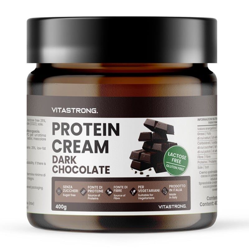 Bruine glazen pot met zwarte deksel. Opschrift: Protein Cream Dark Chocolate, zonder suiker, glutenvrij, lactosevrij. 400g. Vitastrong.