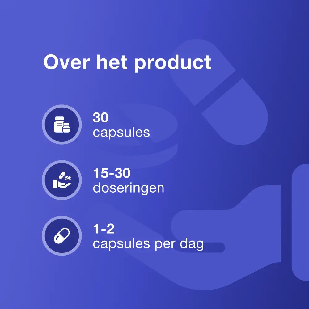 Informatie over het product. 30 capsules, 15-30 doseringen, 1-2 capsules per dag. Blauwe achtergrond.