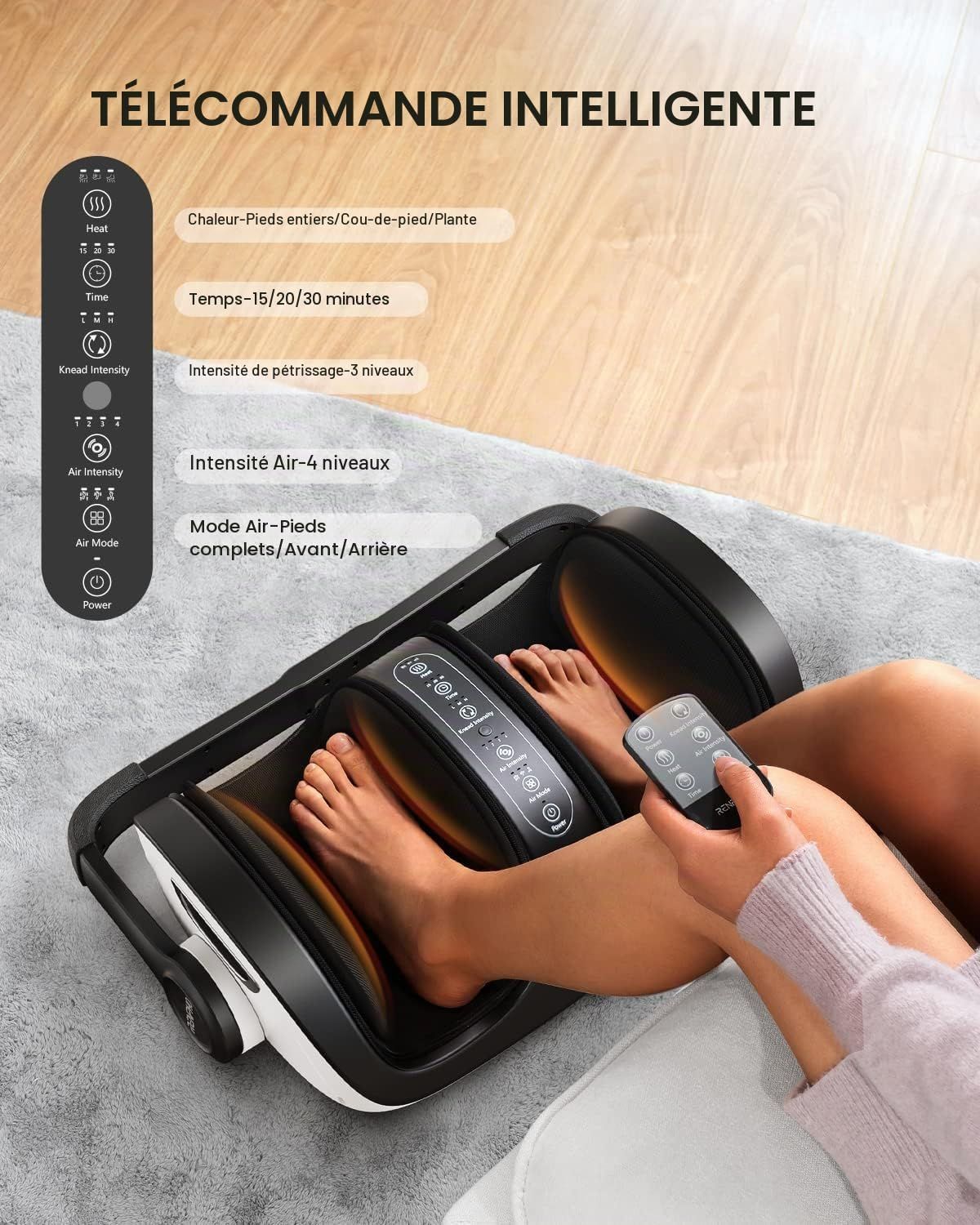 Masseur de pieds électrique avec télécommande, affichant différents réglages d'intensité et de mode.