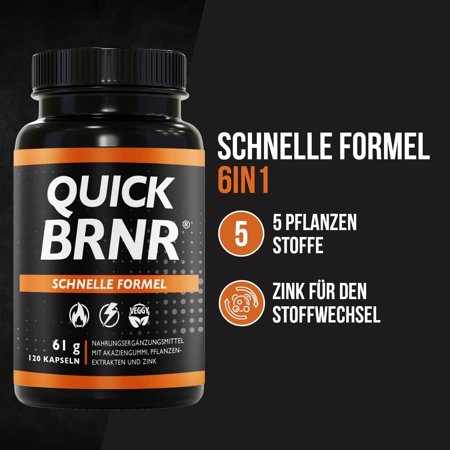 Flacon noir avec étiquette orange. Inscription: QUICK BRNR, Formule rapide, 6 en 1. Contient 5 plantes et du zinc pour le métabolisme.