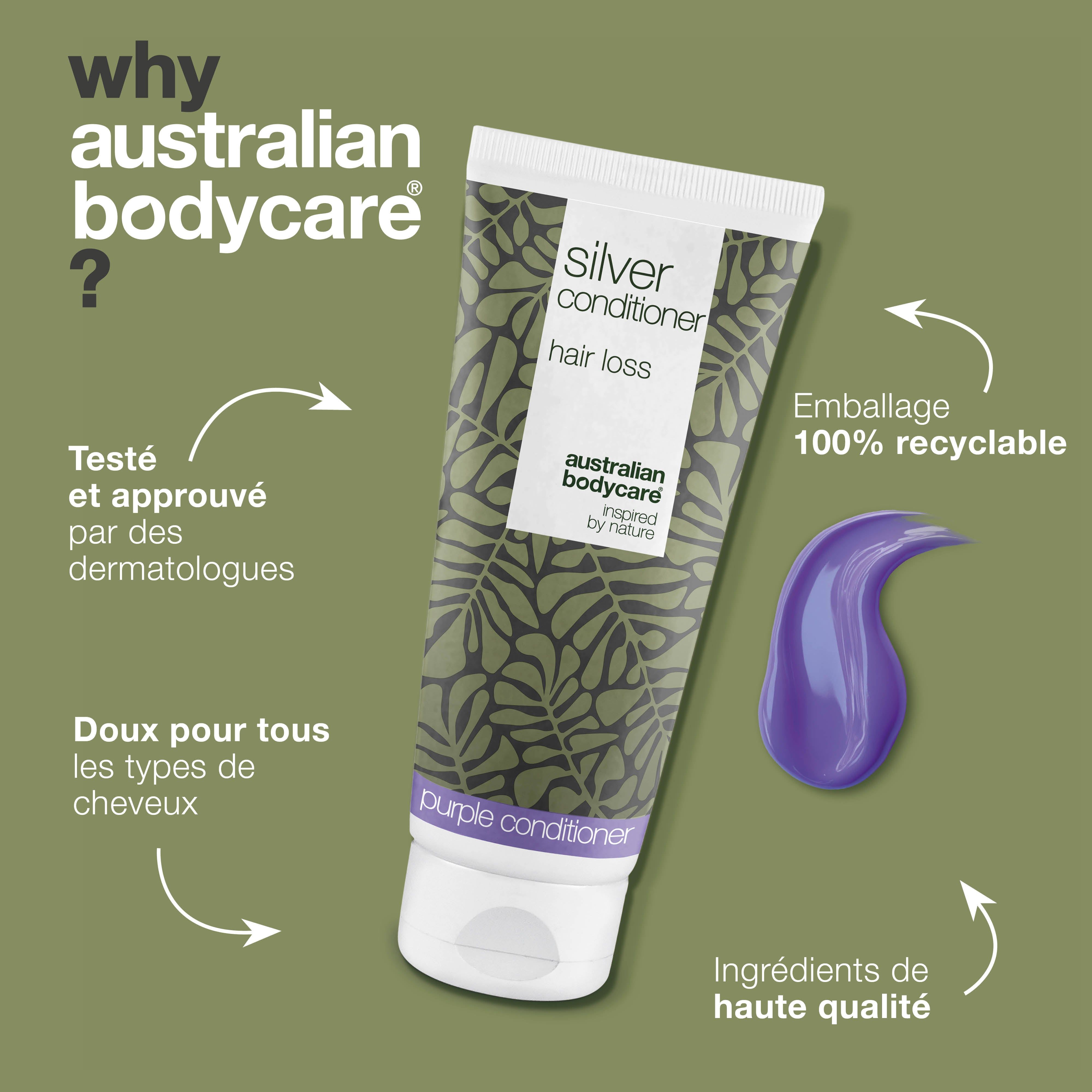Tube de revitalisant. Texte : Silver Conditioner, perte de cheveux. Marque : Australian Bodycare. Texte : Pourquoi Australian Bodycare ?