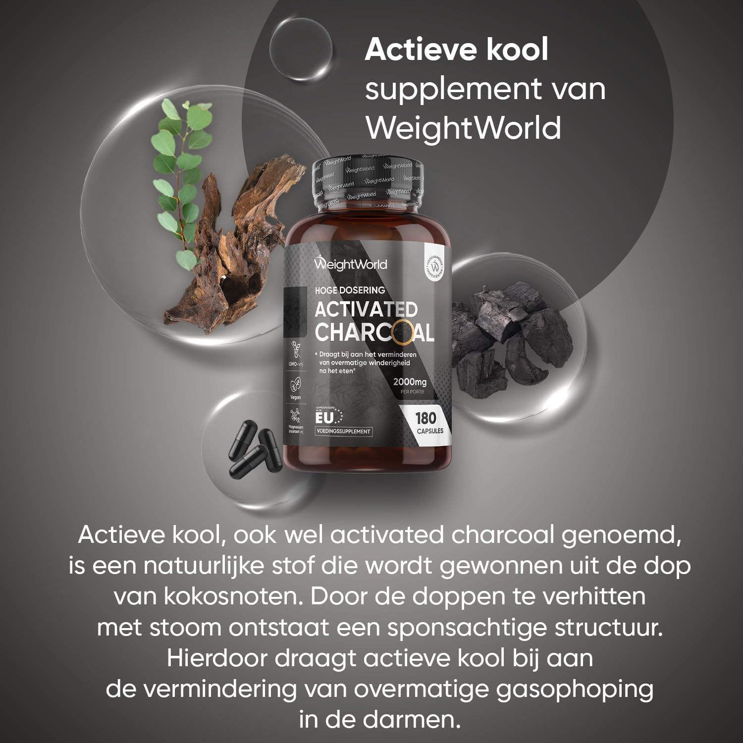 Fles actieve koolkapsels met focus op natuurlijke ingrediënten en EU-productie.