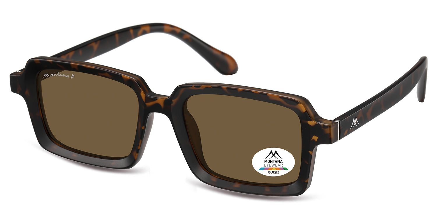Lunettes de soleil avec verres bruns et monture marron. Un autocollant avec logo et texte 'Polarized' est visible sur un verre.