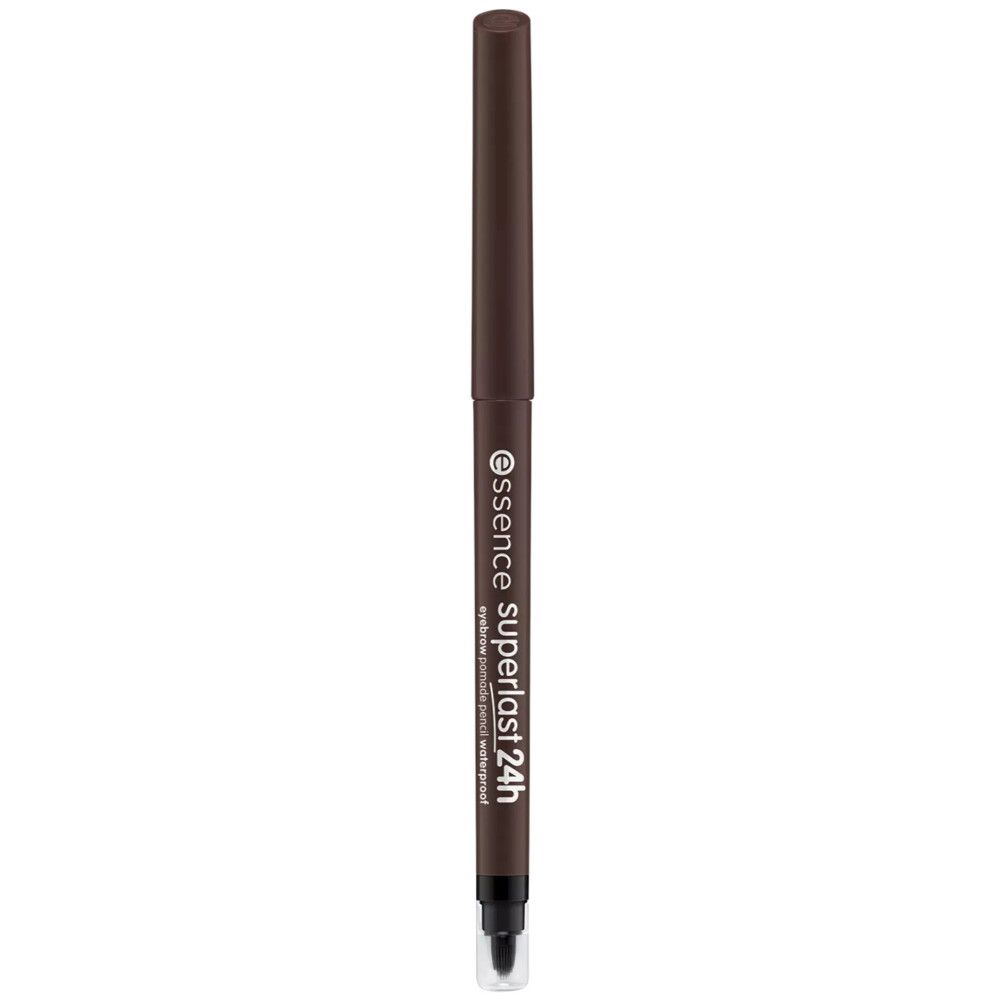 Crayon à sourcils brun avec pointe noire et capuchon transparent. Inscription: essence superlast 24h waterproof.