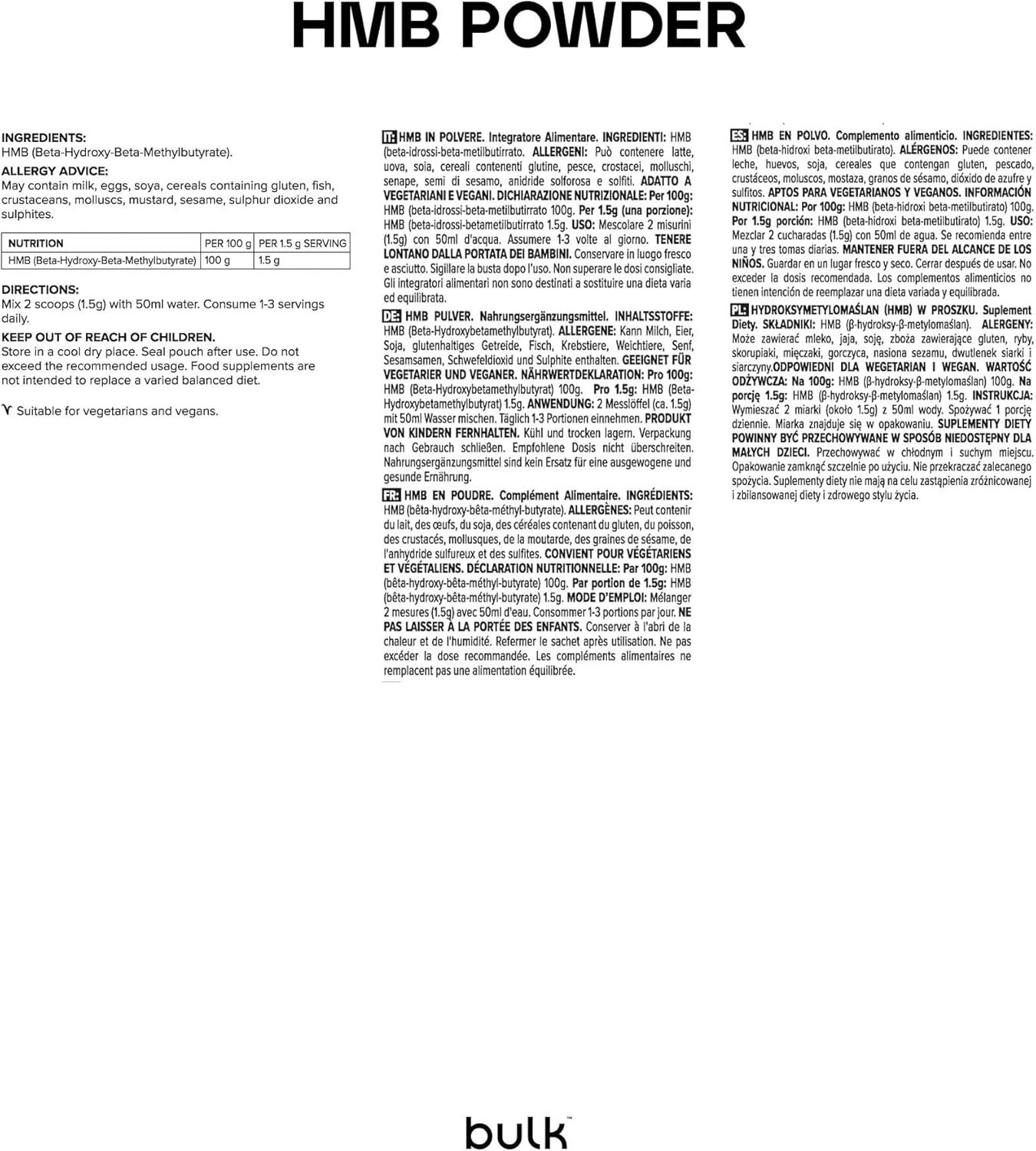 Texte avec ingrédients et informations nutritionnelles pour "HMB Powder" de "bulk".