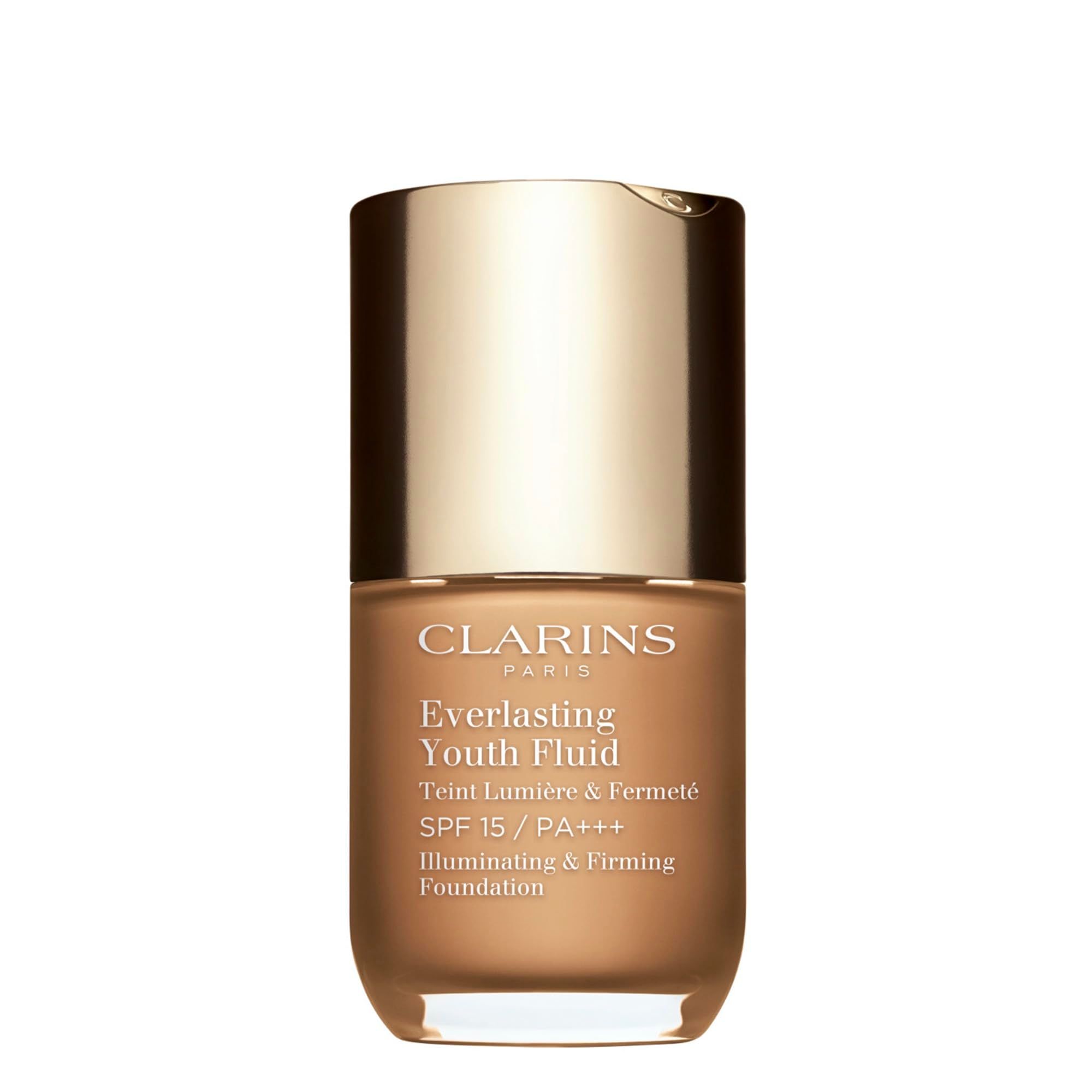 Flacon Clarins Everlasting Youth Fluid, bouchon doré. Texte sur le flacon.