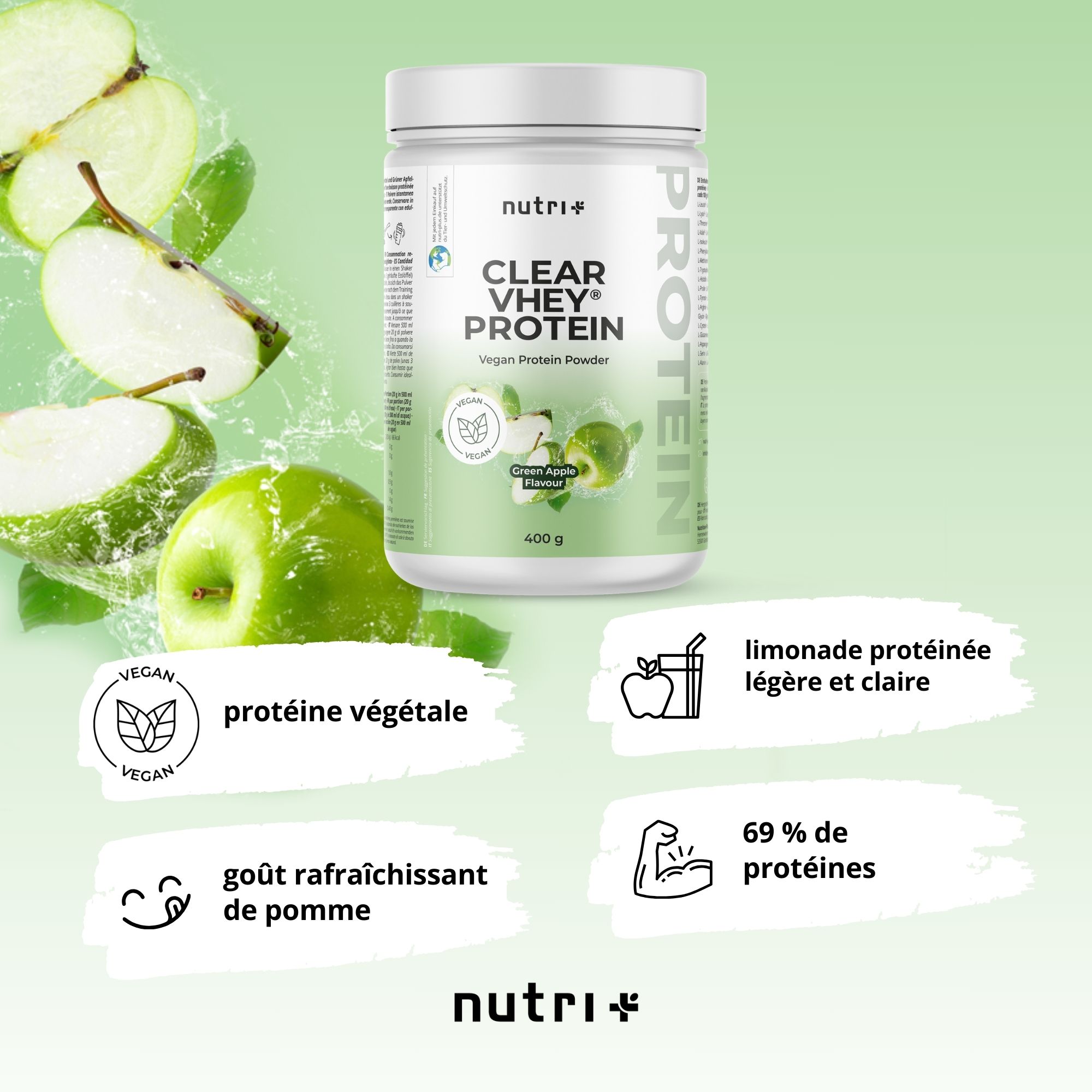 Image avec pommes vertes et texte. Végétalien, boisson protéinée, goût pomme, 69% de protéines.