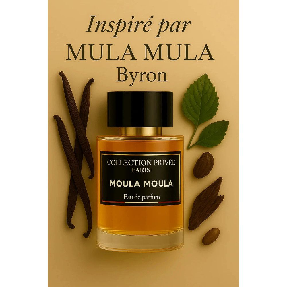 Flacon de parfum avec inscription: Collection Privée Paris, Moula Moula, Eau de parfum. Avec gousses de vanille, feuilles et graines.