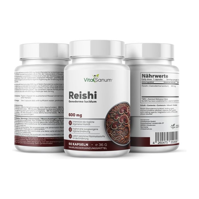 Gélules VitaSanum Reishi, 60 pièces, 600 mg. Contient de l'extrait de Ganoderma lucidum.