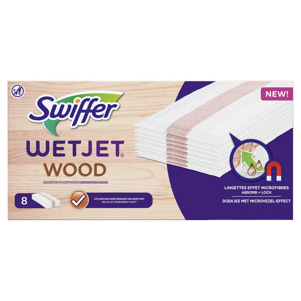 Recharges Swiffer Wet Jet Wood. Lingettes blanches à bandes marron. Paquet de 8. Inscription : NEW!