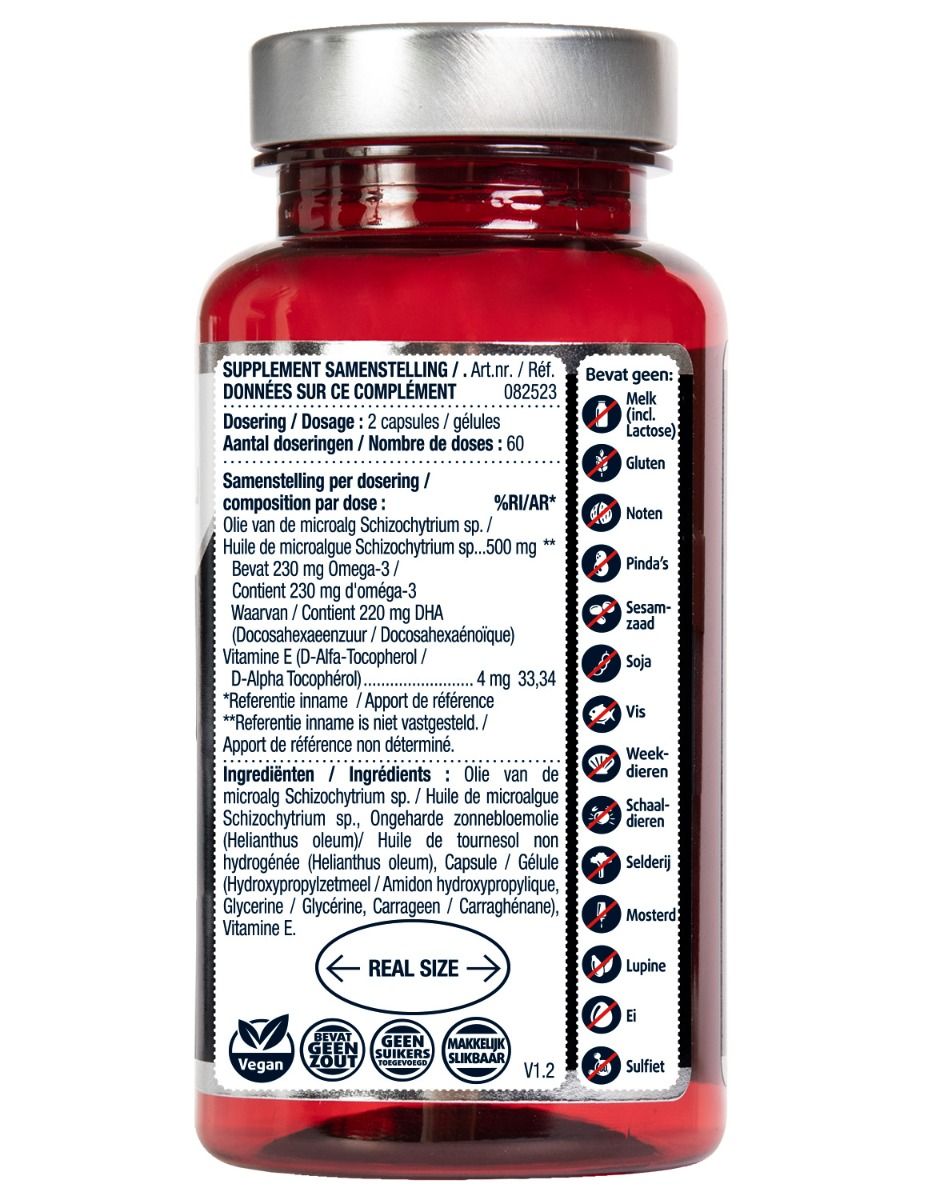 Achterkant Omega Vetzuren 3 fles. Bevat informatie over ingrediënten, dosering en allergenen. Vegan keurmerk.