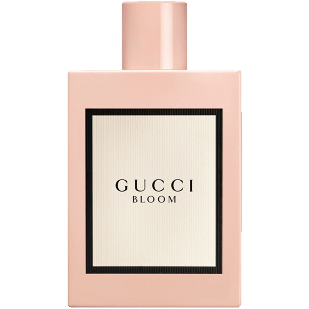 Roze fles met zwarte lijst en tekst.